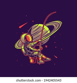 t shirt design astronaut strike against planet background fishing illustration
