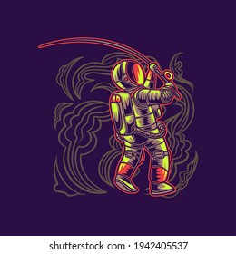 t shirt design astronaut throwing bait fishing illustration