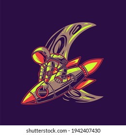 t shirt design astronauts ride rockets against crescent moon background rocket illustration