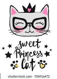 t shirt design baby kitty with crown, heart, glasses. Lettering composition Sweet princess cat, paws, stars. Childish illustration four textile, t shirt, posters. Animal pet drawing in cartoon style