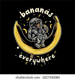 t shirt design bananas everywhere with monkey in a spacesuit peels a banana on the big banana vintage illustration