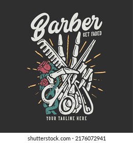 t shirt design barber get faded with skull hand holding a scissor and comb with gray background vintage illustration