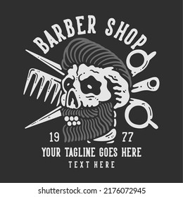 t shirt design barbershop 1977 with stylish masculine skull with hair with gray background vintage illustration