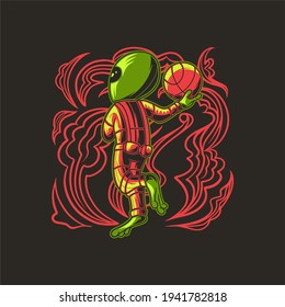t shirt design basketball by holding the ball in the left hand aliens illustration