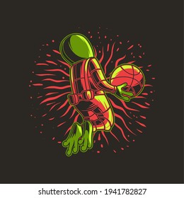 t shirt design basketball with jumping position aliens illustration