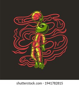 t shirt design basketball with straight jump position aliens illustration
