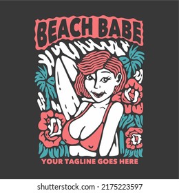 t shirt design beach babe with woman smiling in bikini and gray background vintage illustration