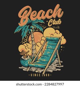 T Shirt Design Beach Club With Beach Seat Under Coconut Tree On The Beach Vintage Illustration