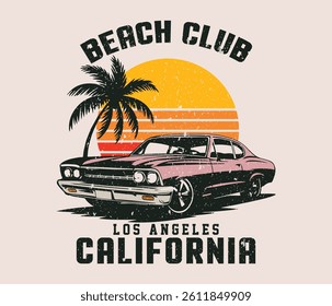 T Shirt Design Beach Club With Beach Seat Under Coconut Tree On The Beach Vintage Illustration. california los angeles ca la vector palm tree palm island slogan for t-shirt. California long beach 