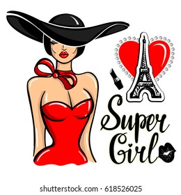 T shirt design with beautiful women in red dress, with big lips, bow, ladies hat, hearts, lipstick, kiss, eiffel tower sign and hand written calligraphic text Super girl. Fashion wallpaper