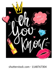 T shirt design with big black square and girlish fashion elements like crown sign, lipstick, kiss lips track, hearts, brilliant dating in sketch cartoon style. What i love? oh you know. girlish poster