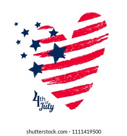 T shirt design with big heart and stars drawing in American style. USA independence day poster. Grunge textured heart.