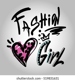 T shirt design in black and white colors with original hand drawing word Fashion girl with silhouette heart and spot. Girlish Illustration for fancy wallpaper. Creative modern teenagers design