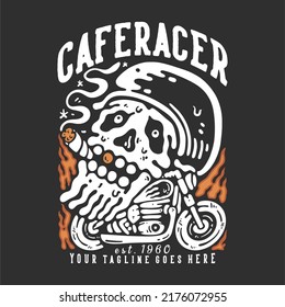 T-Shirt-Design-Café-Renner est 1960 mit Schädelrauchen auf dem Motorrad mit grauem Hintergrund Vintage-Illustration