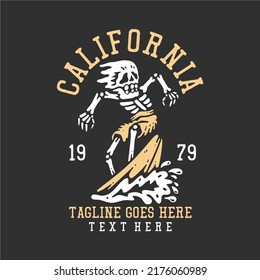 diseño de camiseta california con esqueleto haciendo surf con ilustración de color gris