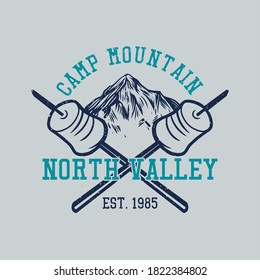 t shirt design camp mountain north valley est. 1989 with mountain and marshmallow vintage illustration