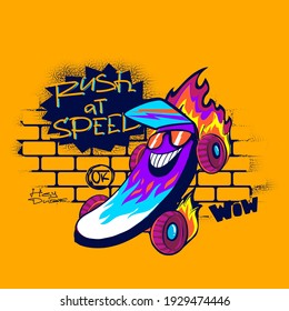 T shirt design with cartoon skateboard characters on grunge brick wall and street art lettering. Comics dude poster.