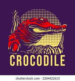 t shirt design crocodile with Side view of crocodile with sharp teeth and eyes stalking its prey vintage illustration