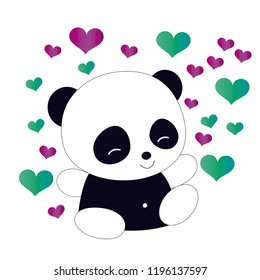 T shirt design with cute panda bear with hearts vector design