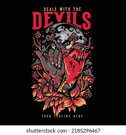 t shirt design deals with the devils with pinky promise and black background vintage illustration