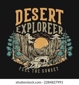 T Shirt Design Desert Explorer Feel The Sunset With Cow Skull On The Desert Vintage Illustration