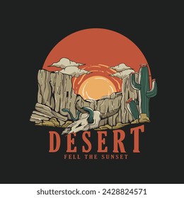 Camiseta Diseño Desert Explorer Siente El Atardecer Con Cráneo De Vaca En La Ilustración Vintage Del Desierto