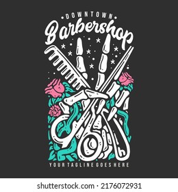 t shirt design downtown barbershop with skull hand holding a scissor and comb with gray background vintage illustration