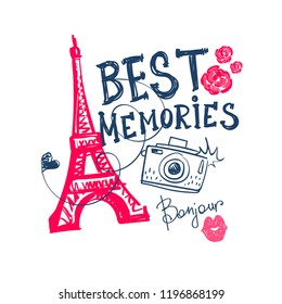 t shirt design with Eiffel Tower, photo camera, kiss lips, roses and text Best memories. 