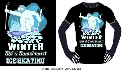 T shirt design for explore the world of skating ski snowboard and skateboarding in the Himalayas. Ride through the snow with thrilling jumps and winter sports fun. Perfect for adventure lovers.