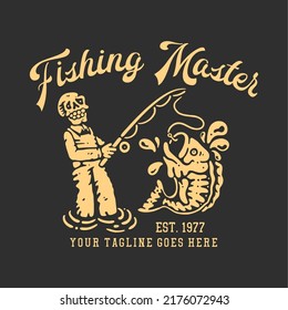 t shirt design fishing master with smiling skeleton doing fishing with black background vintage illustration