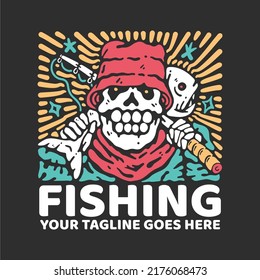 t shirt design fishing with skeleton carrying fish and fishing rod with gray background vintage illustration