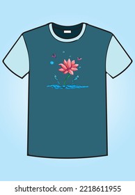 T shirt design with flower, butterfly, fish on the blue background. Vector illustration.