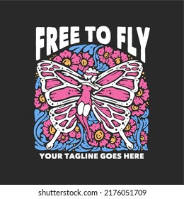 t shirt design free to fly with flying butterfly pixie and gray background vintage illustration