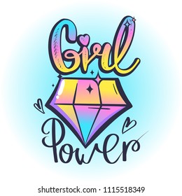 t shirt design for girl. Cartoon style diamond, hearts on gradient blue background and calligraphic text Girl power. Colorful picture with jewelry. fairytale atmosphere. girlish poster. 