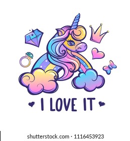 t shirt design for girl. Cartoon style unicorn, crown, heart, bow, brilliant, ring, clouds, rainbow and text I love it. Colorful picture drawing in vanilla girlish colors. fairytale atmosphere poster.