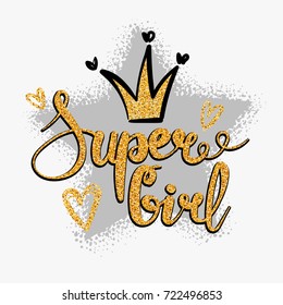 T shirt design for girls. Golden glitter texture on calligraphic lettering composition with crown, star, hearts