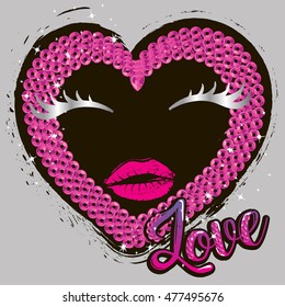 T shirt design for girls on grey background with shape black hearts and pink sequins, eyelashes, lips and word love. Abstract fashion illustration with creative design. Colorful design for clothes. 