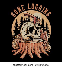 T Shirt Design Gone Logging With Ax Stuck On The Skull Vintage Illustration