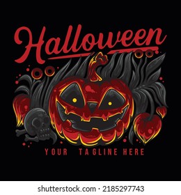 t shirt design halloween with creepy smiling halloween pumpkin with black background vintage illustration