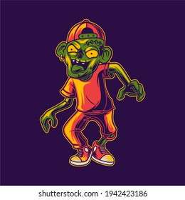t shirt design happy zombie walking illustration
