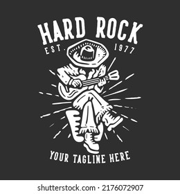 t shirt design hard rock est 1977 with man playing guitar with gray background vintage illustration