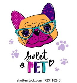 T shirt design with hat of smiling dog. Sweet Pet illustration drawing in cartoon style. Colorful animal poster with pet and glasses. 