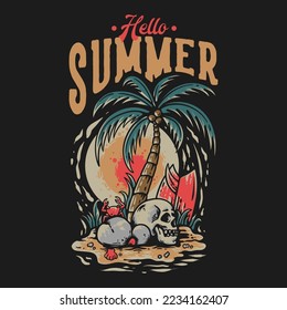 T Shirt Design Hello Summer With Skull On The Beach Vintage Illustration