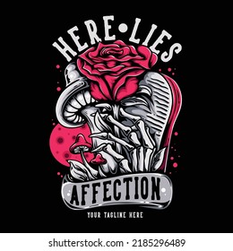 T Shirt Design Here Lies Affection With Skeleton Hand Rise From Grave Grabbing Rose Flower With Black Background Vintage Illustration