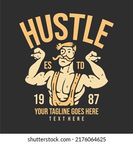 t shirt design hustle y builder doing bicep pose with gray background vintage illustration