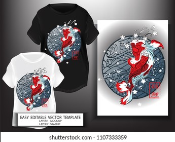 T shirt design Japanese style. japan lucky Koi Fish with white sakura and blue Sea background. Mock up Black T shirt and Graphic printing. vector. illustration. Japanese Translation: Koi Fish