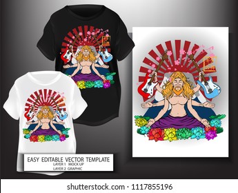 T shirt design Japanese style. God of Guitar on Sun fuji and sakura background. Music Guitarist concept. guitar player. Mock up Black t shirt and Graphic printing. vector. Japanese Translation:  God of Guitar