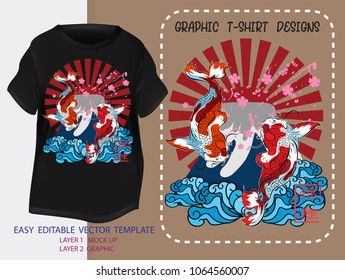 T shirt design Japanese style.japan Koi Fish with Red Sun,pink sakura,blues water,Fuji mountain background.Mock up Black t shirt and Graphic printing.vector.illustration.Japanese Translation: Koi Fish