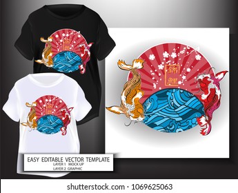 T shirt design Japanese style.japan Gold Koi Fish with Red Sun white sakura and blue water background.Mock up Black T shirt and Graphic printing.vector.illustration.Japanese Translation: Koi Fish