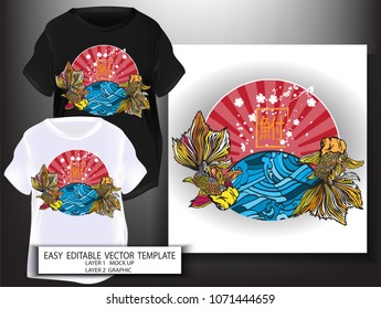 T shirt design Japanese style.japan Gold Fish with Red Sun white sakura and blue water background.Mock up Black T shirt and Graphic printing.vector.illustration.Japanese Translation: Gold Fish